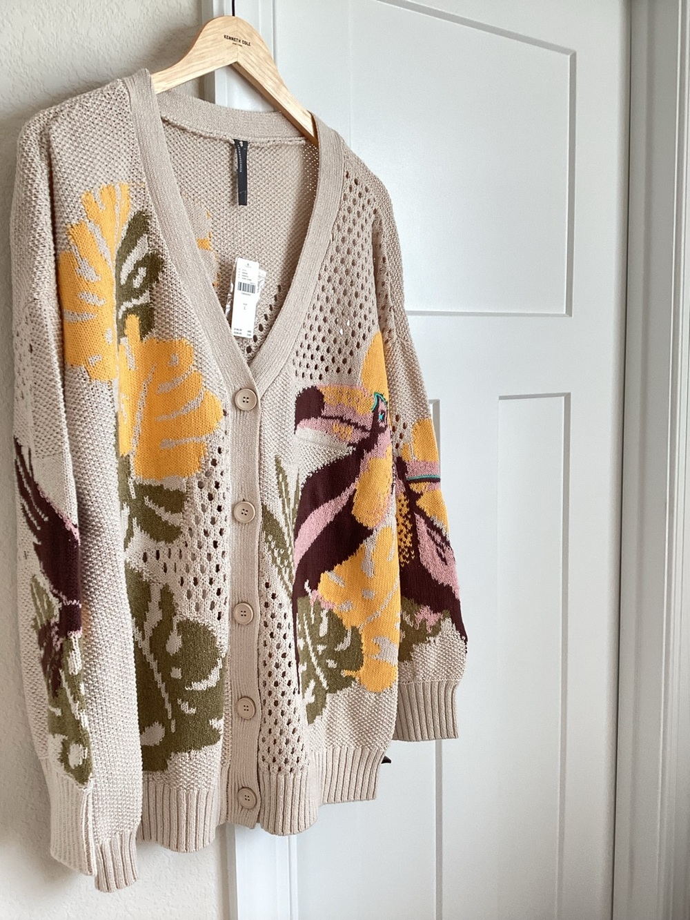 Anthropologie Toucan Cardigan Sweater Open Knit Long Sleeve New Large Tropical - Picture 5 of 15